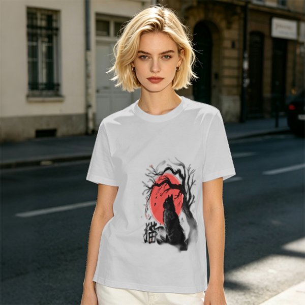 Olive T-Shirt with Black Cat and Red Moon Gothic Art Print