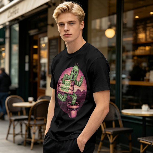 Olive T-shirt with Cartoon Cactus Free Hugs Desert Print