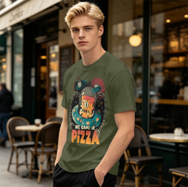 Olive t-shirt with space pizza alien graphic and 'We Came in Pizza' text