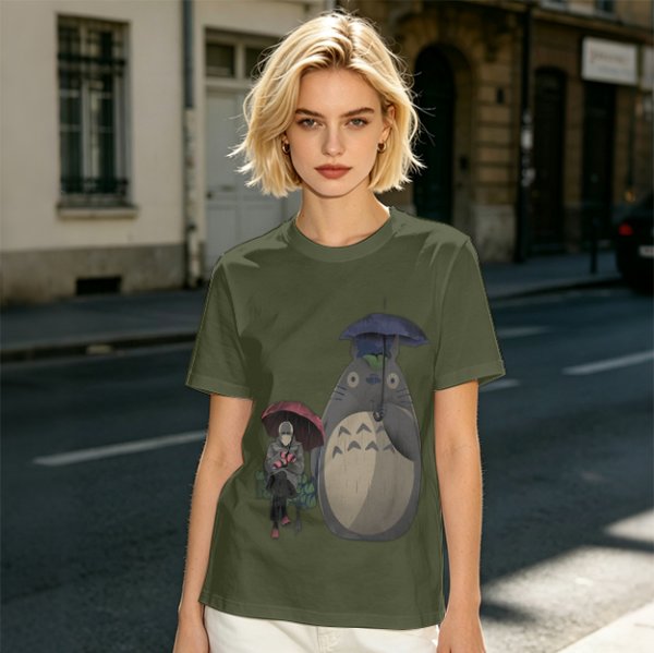 Olive T-shirt with Totoro and masked figure under umbrellas print