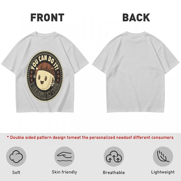 Olive green t-shirt with encouraging coffee character graphic and motivational text