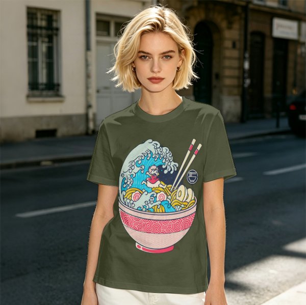 Olive T-shirt with Great Wave Ramen Bowl Graphic Design