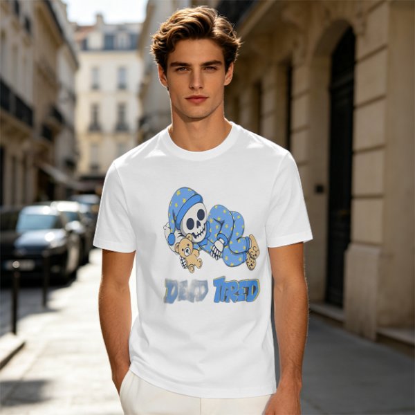 Olive T-Shirt with Sleeping Skeleton in Pajamas 'Dead Tired' Print