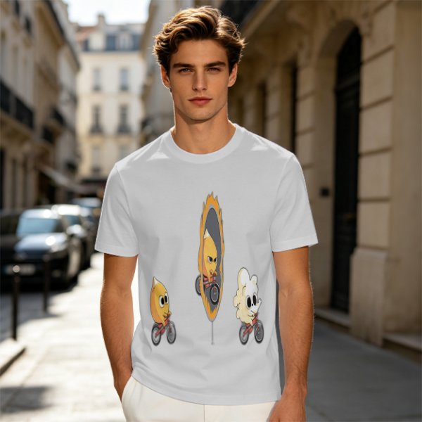 Olive T-Shirt With Cartoon Characters Riding Bikes Through Portal