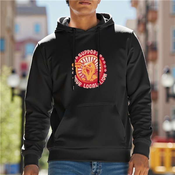 Black hoodie with 'Support Your Local Lion' cat graphic