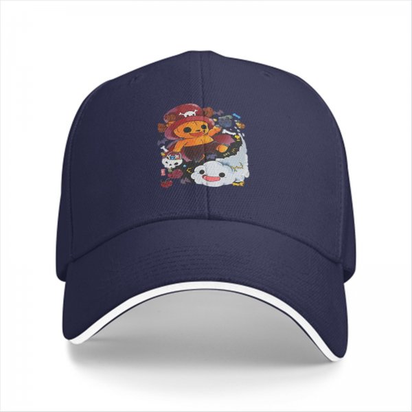 Black baseball cap with cute anime pirate character and cloud graphic