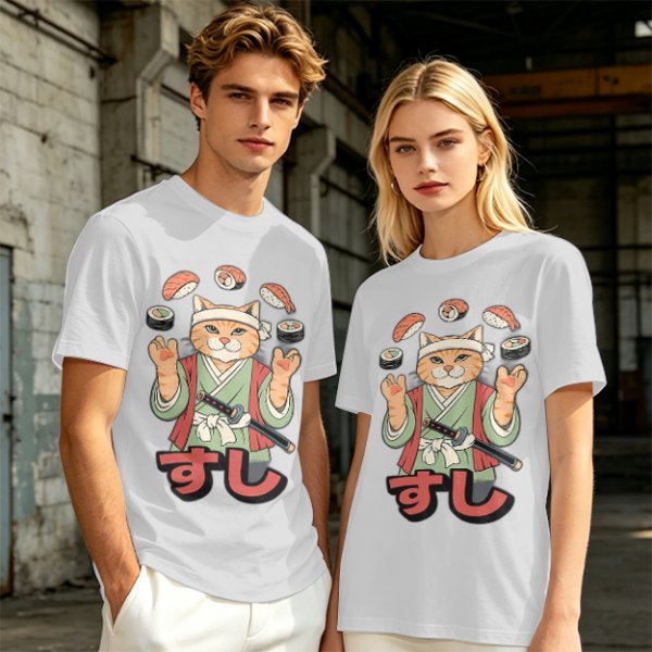 Olive T-Shirt With Cat Sushi Chef Juggling Sushi Print