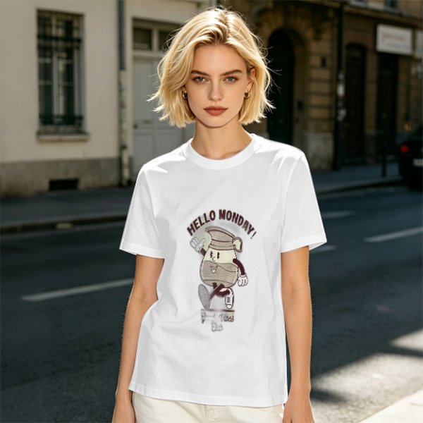 Olive Green T-Shirt with 'Hello Monday!' Coffee Character Graphic