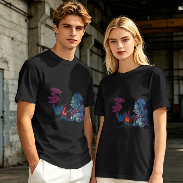 Olive T-Shirt With Dark Souls Knight At Campfire Death Sign Print