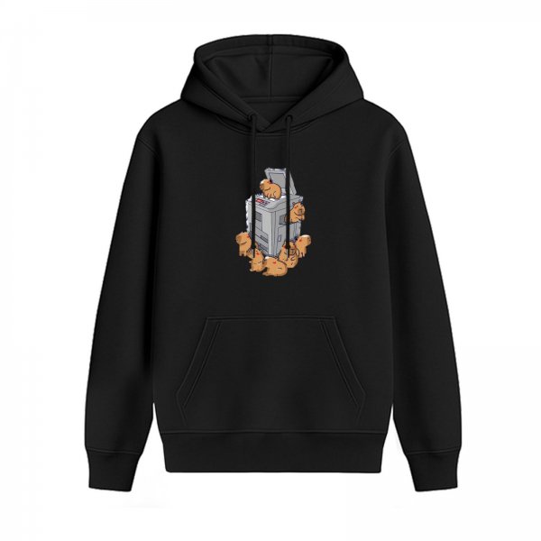 Black Hoodie With Capybaras On Washing Machine Graphic