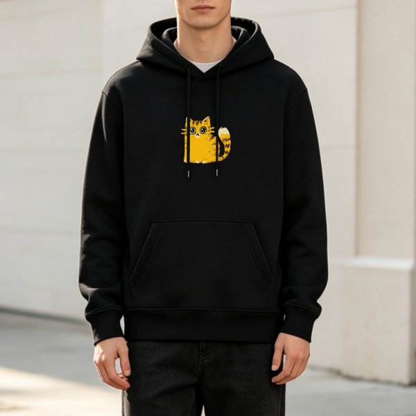Black Hoodie With Cute Yellow Cat Graphic Print