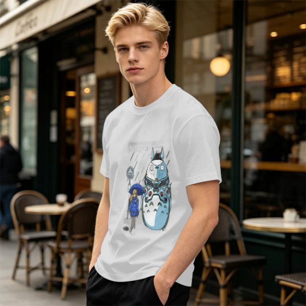 Olive T-Shirt with Mech Totoro and Girl at Bus Stop Print