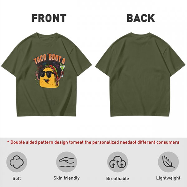 Olive taco graphic t-shirt with 'TACO 'BOUT A' text and margarita