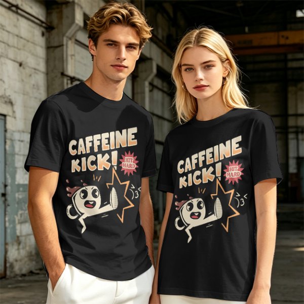 Olive graphic tee with caffeine kick cartoon coffee cup design