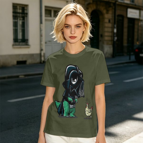 Olive T-shirt with cartoon dinosaur in Darth Vader helmet and chicken print
