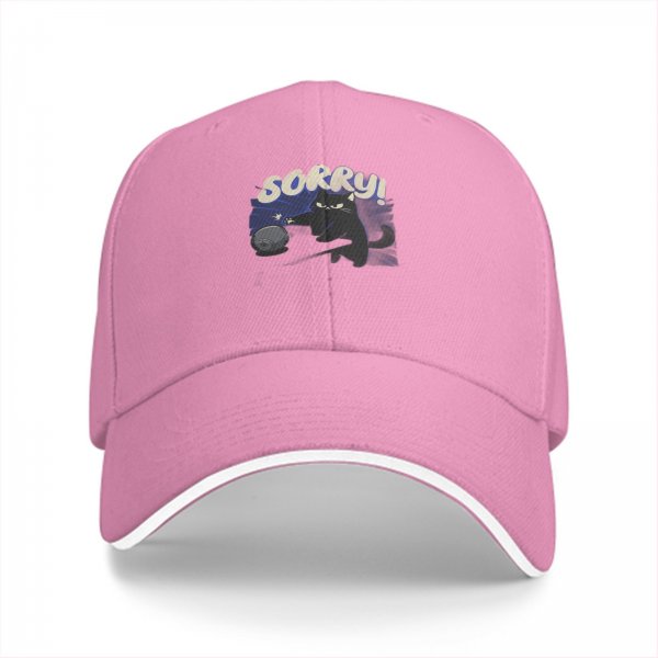 Black baseball cap with angry black cat graphic and 'SORRY!' text