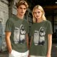 Olive Green T-Shirt With Raccoon Standing Next To Trash Can Graphic