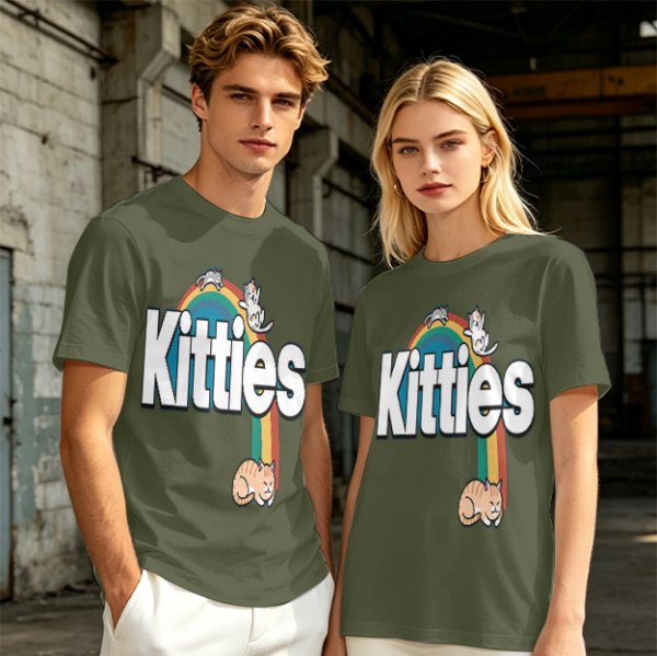 Olive Green T-Shirt With Kitties Rainbow Graphic Design
