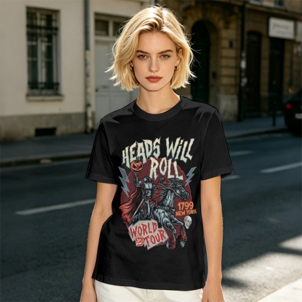 Olive graphic t-shirt featuring Headless Horseman 'Heads Will Roll World Tour' print