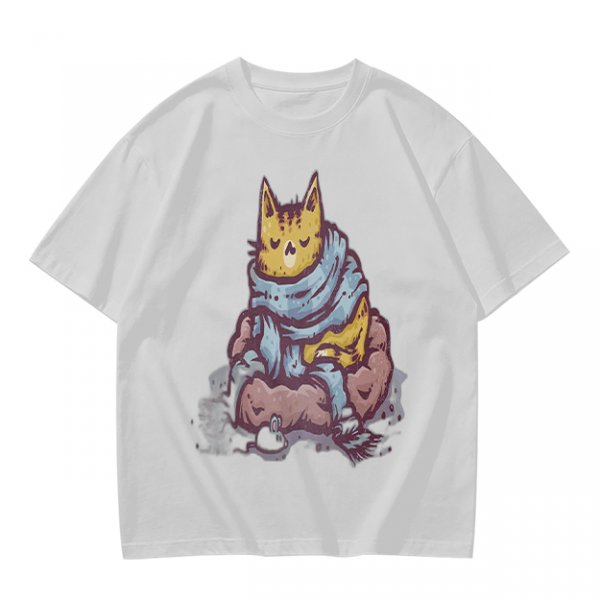 Olive T-Shirt With Meditating Cat Graphic Print