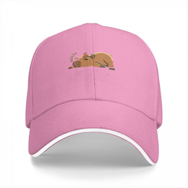 Black baseball cap with a sleeping capybara graphic