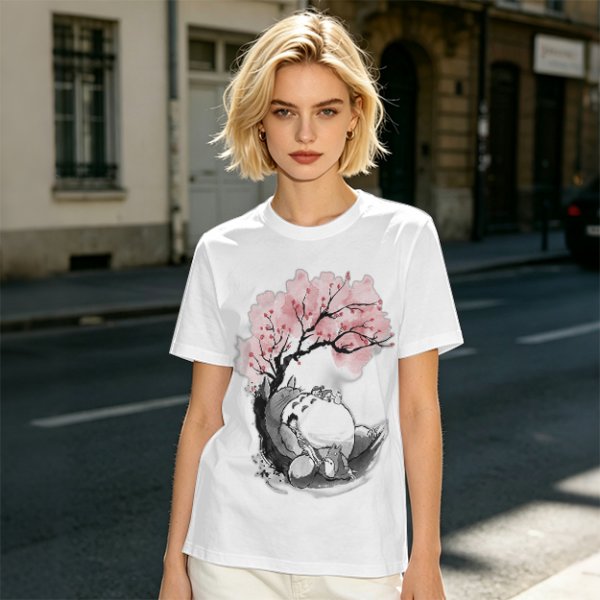 Olive T-shirt with Totoro and Cherry Blossom Tree Art Print