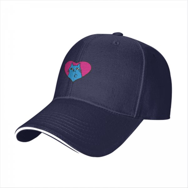 Black Baseball Cap With Blue Cat In Pink Heart Graphic