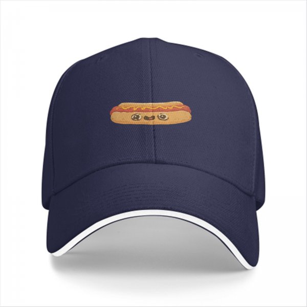 Black Baseball Cap With Cute Kawaii Hot Dog Graphic