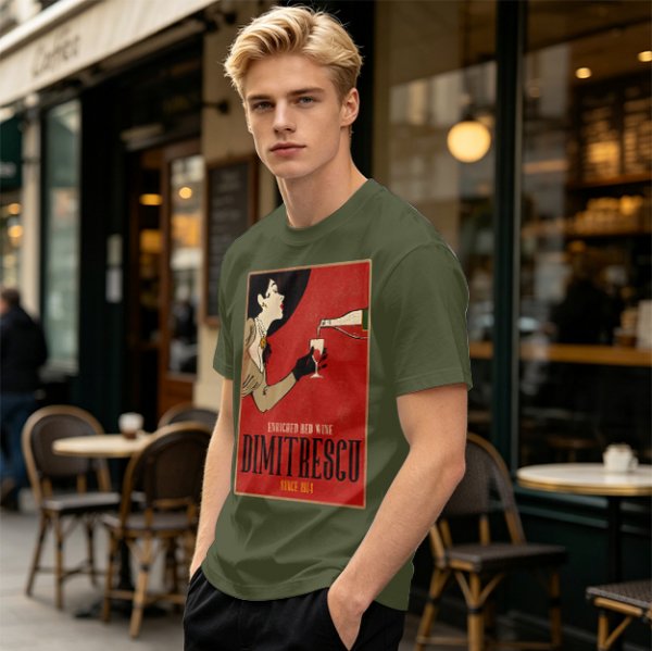 Olive t-shirt with vintage Dimitrescu red wine graphic print