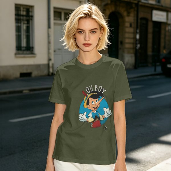 Olive T-Shirt with Pinocchio 'Oh Boy' Graphic Print