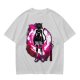 Olive anime cat character graphic t-shirt with pink abstract background