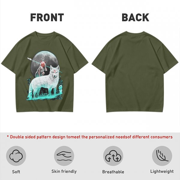 Olive T-Shirt With Wolf Warrior And Moon Forest Art Print