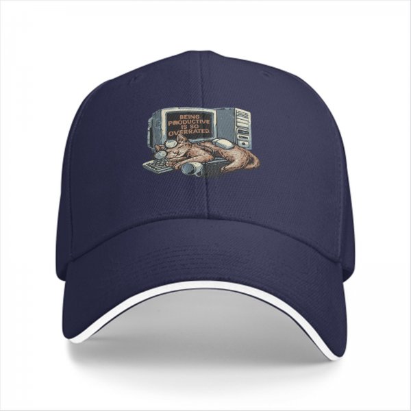 Black Baseball Cap With 'Being Productive Is So Overrated' Cat Computer Art