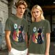 Olive T-shirt with black cat watching moon witch silhouette print