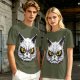 Olive T-Shirt With Angry White Cat Face Graphic