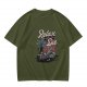 Olive graphic t-shirt with skeleton relaxing on coffin and 'Relax We All Die' text