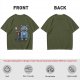 Olive T-Shirt With Whimsical Blue Cat And Mushroom Figure Print