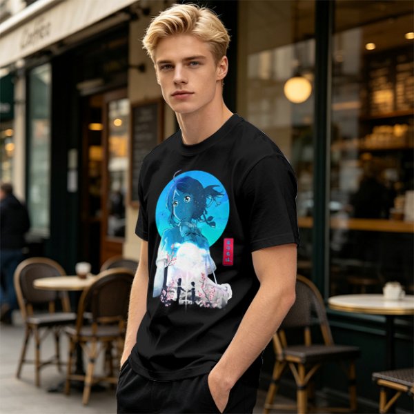 Anime girl cherry blossom scene graphic tee