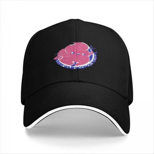 Black baseball cap with cartoon poop graphic and text print