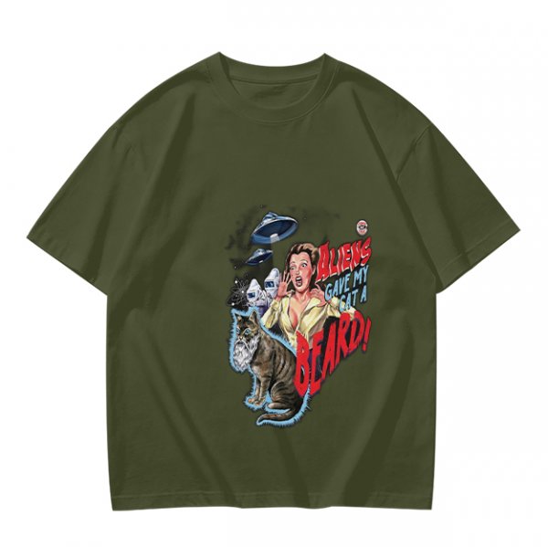 Olive Graphic T-Shirt With Aliens Give My Cat A Beard Print