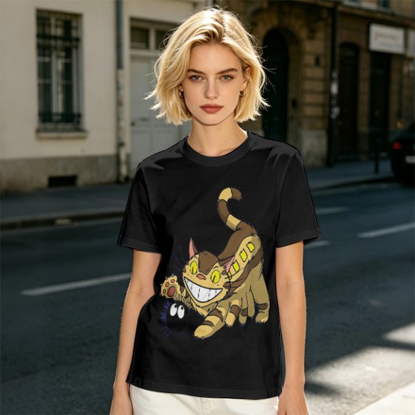 Olive T-shirt with Catbus and Soot Sprite Anime Print