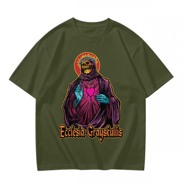 Olive t-shirt with skeleton religious graphic and Ecclesia Grayskullis text