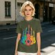 Olive T-Shirt With Colorful Cat Guitar Illustration