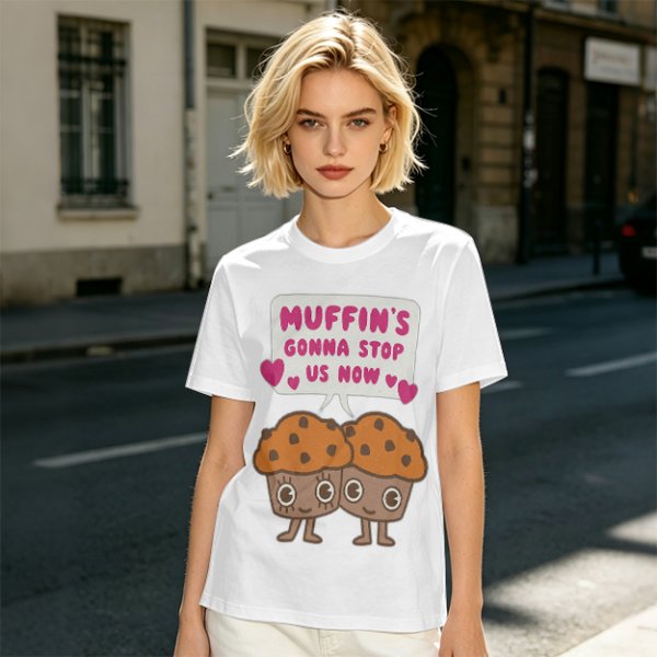 Olive t-shirt with cute muffin graphic and playful text design