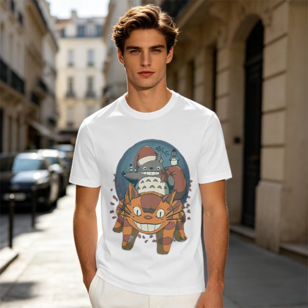 Olive T-shirt with Christmas Totoro Riding Catbus Graphic