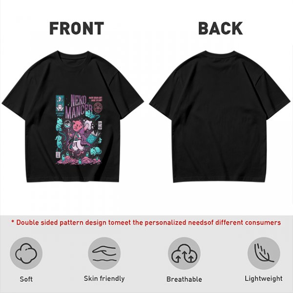 Olive green graphic tee with neko necromancer cat wizard art