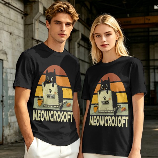 Olive t-shirt with black cat using laptop and Meowcrosoft text