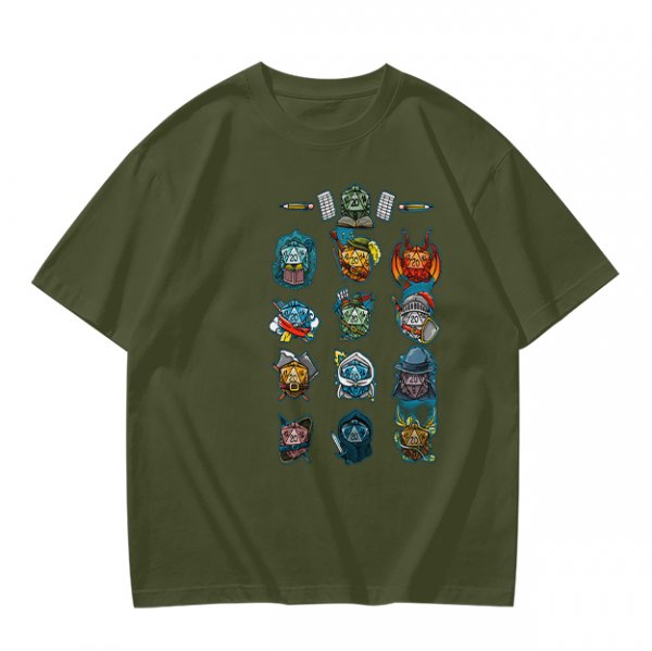Olive Green T-Shirt With Fantasy Character Icons Print