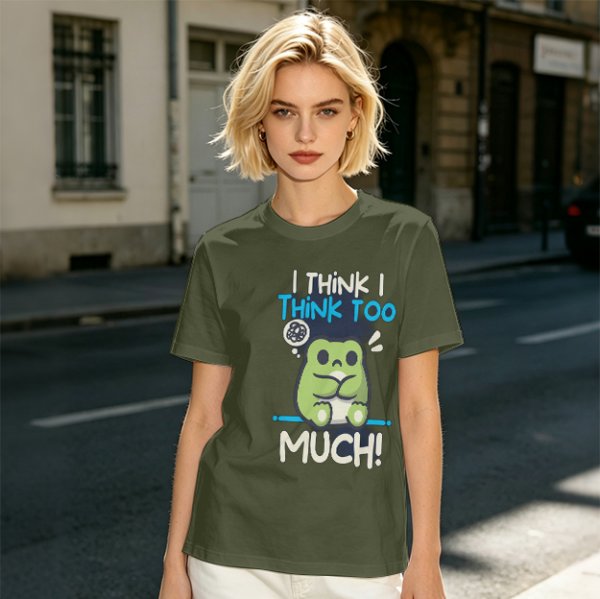 Olive t-shirt with 'I think I think too much' anxious frog print