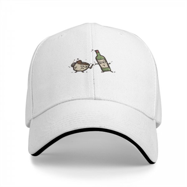 Black baseball cap with cartoon coffee cup and wine bottle graphic